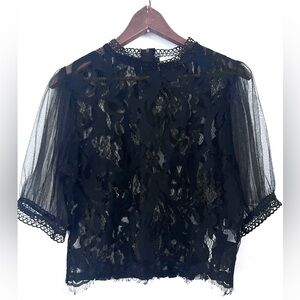 Peach Blouse Sheer Puff Sleeve Tulle Dainty Lace Mock Neck Black Goth Fairy Sz L